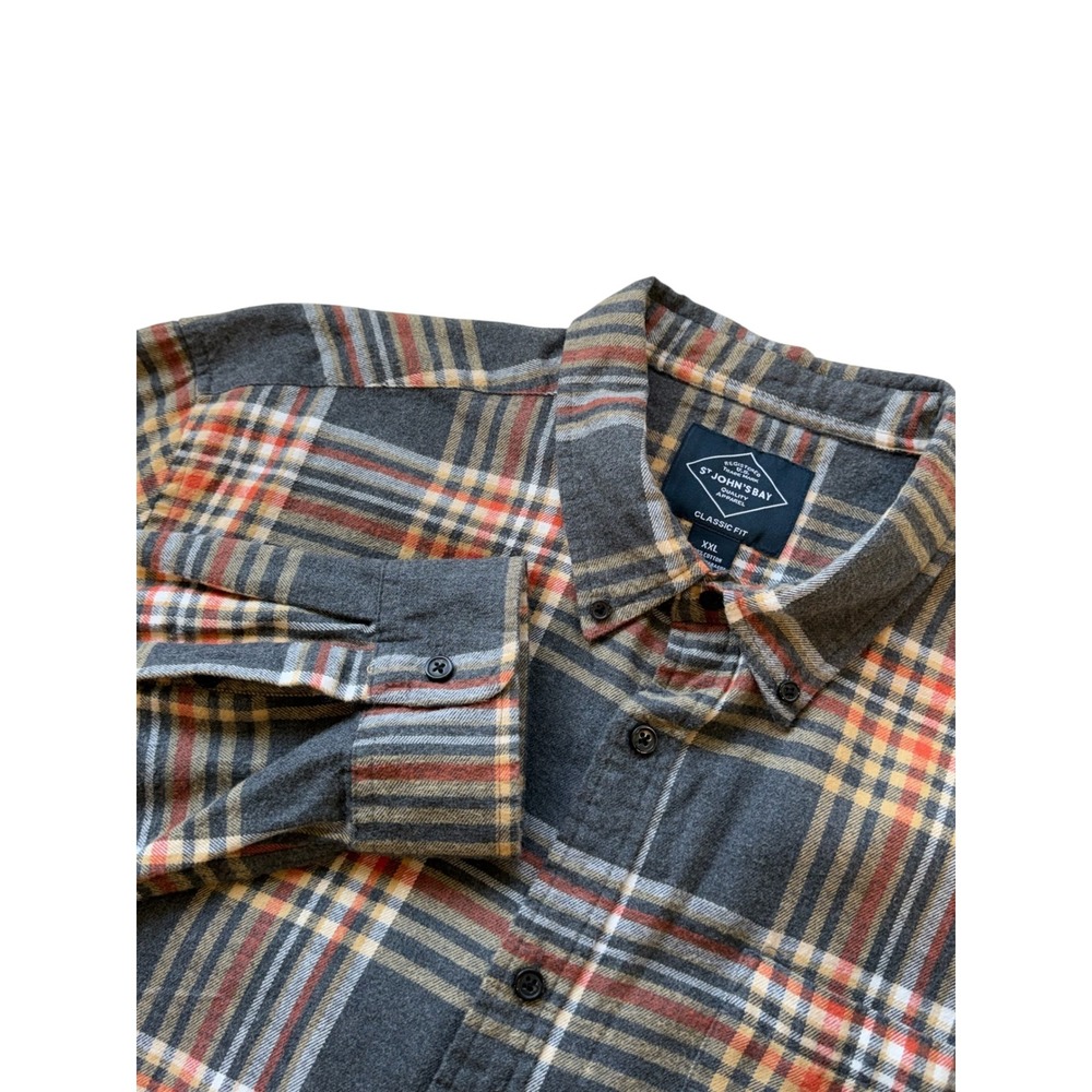 St Johns Bay Mens Grey Tan Plaid Fall Flannel Shirt XXL Classic Fit Cotton